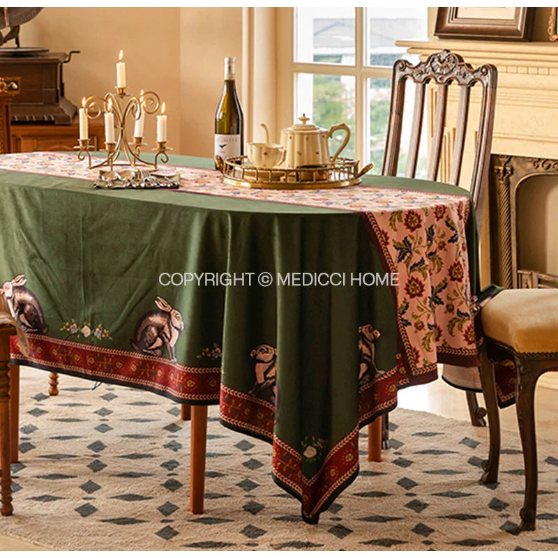 Afralia™ Velvet Tablecloth: Retro Green Rabbit Print Luxury Table Cover