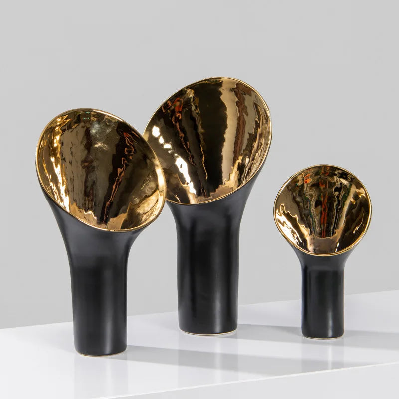 Afralia™ Golden Trumpet Ceramic Flower Vase Home Decoration Accessories