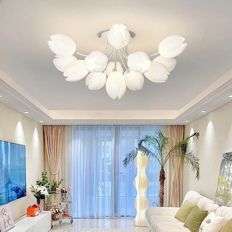 Afralia™ White Lily Blossom LED Chandelier for Living Room Bedroom Kitchen Dining Light