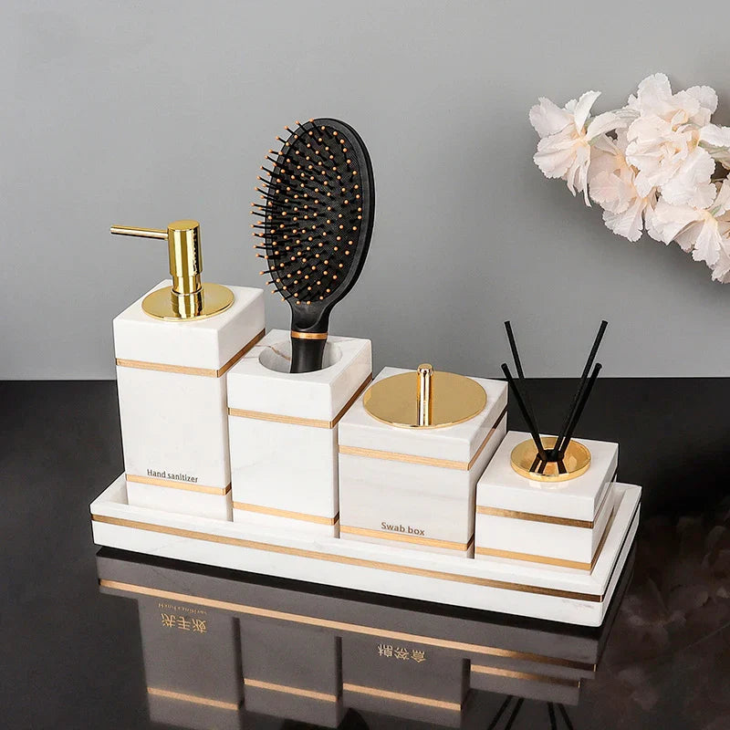 Afralia™ Volakos White Marble Bathroom Set with Golden Accents