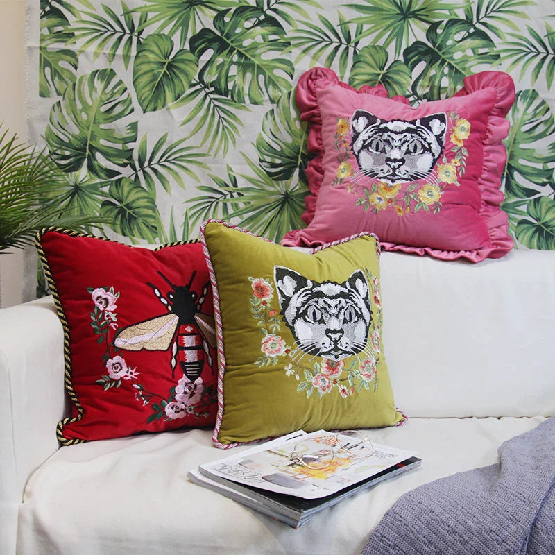 Luxury Embroidered Cat Velvet Pillowcase with Tassels by Afralia™
