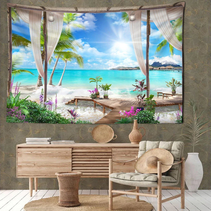 Afralia™ Coconut Forest Sea View Tapestry Wall Hanging - Aesthetic Home Decor