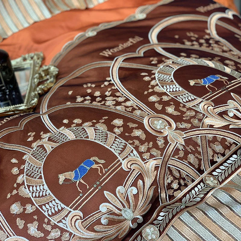 Afralia™ Luxury Horse Lace Silk Cotton Bedding Set, Orange, 1000TC