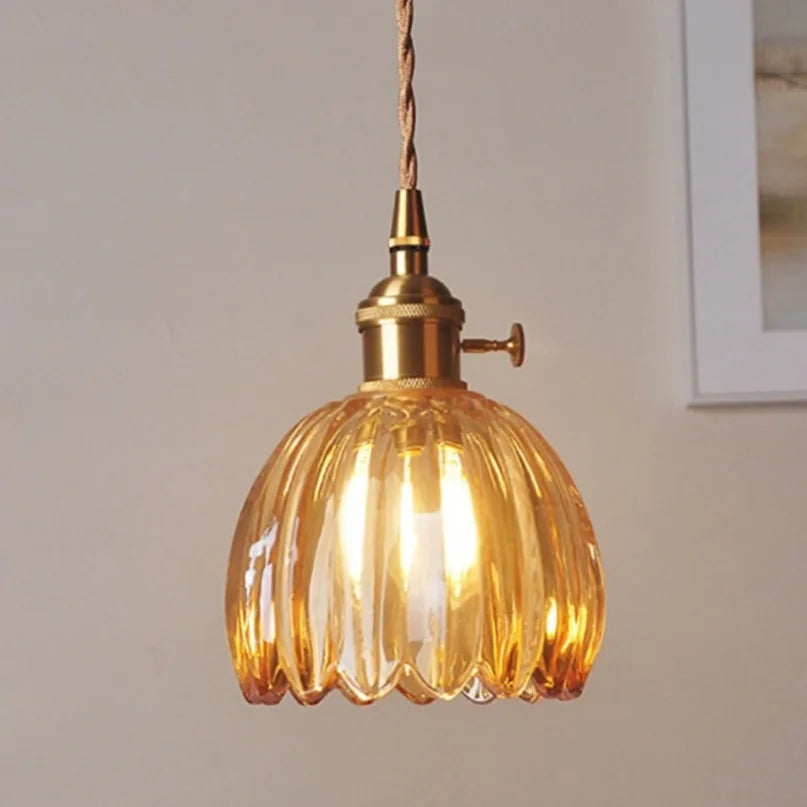 Afralia™ Retro Flower Glass Copper Pendant Lamp: Nordic LED Light for Bedroom Decor