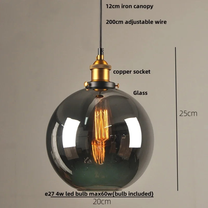 Afralia™ Loft Smoke Gray Glass LED Pendant Lamp - Vintage Brass Hanging Light