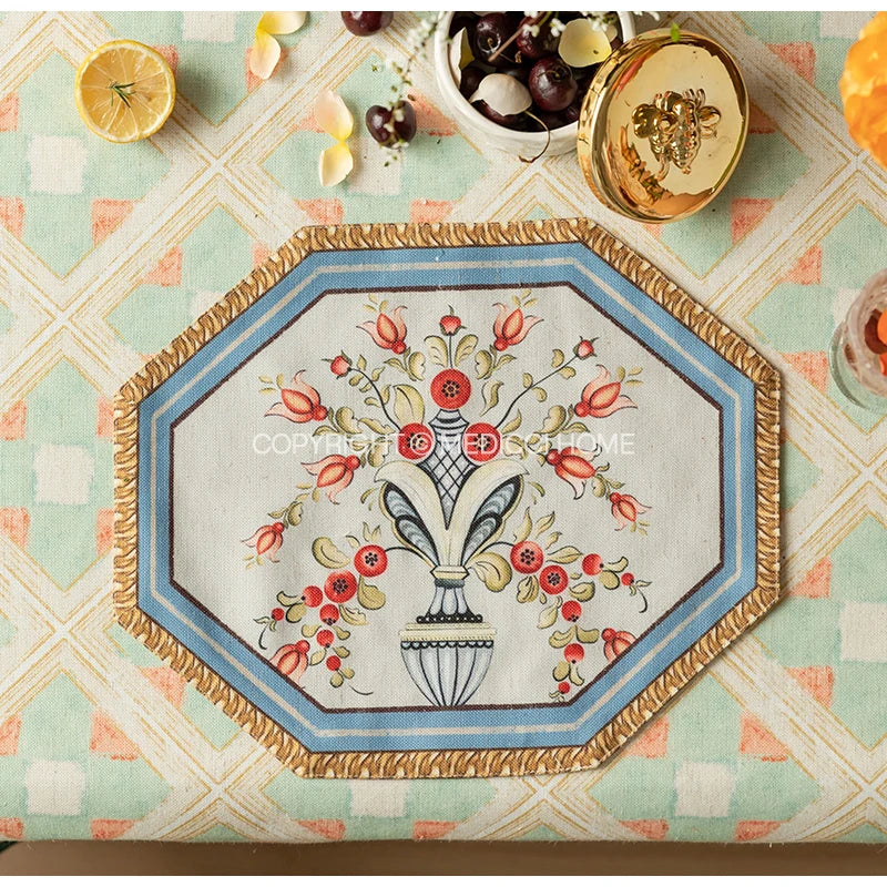 Afralia™ Baroque Flowers Fringe Placemat Set- Luxury Cotton Linen Retro Hexagon Table Mats