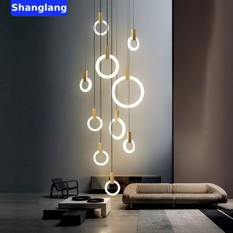 Afralia™ Modern Wooden LED Chandelier with Acrylic Ring for Living Room Lighting