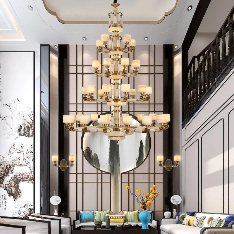 Afralia™ Luxury Chinese Style Copper Jade Living Room Chandelier