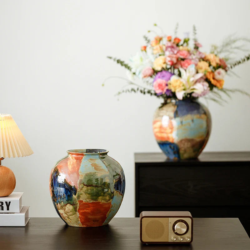 Afralia™ Ceramic Vase with Unique Color Stitching, Hand-drawn Floral Design - Home Decor Accessory