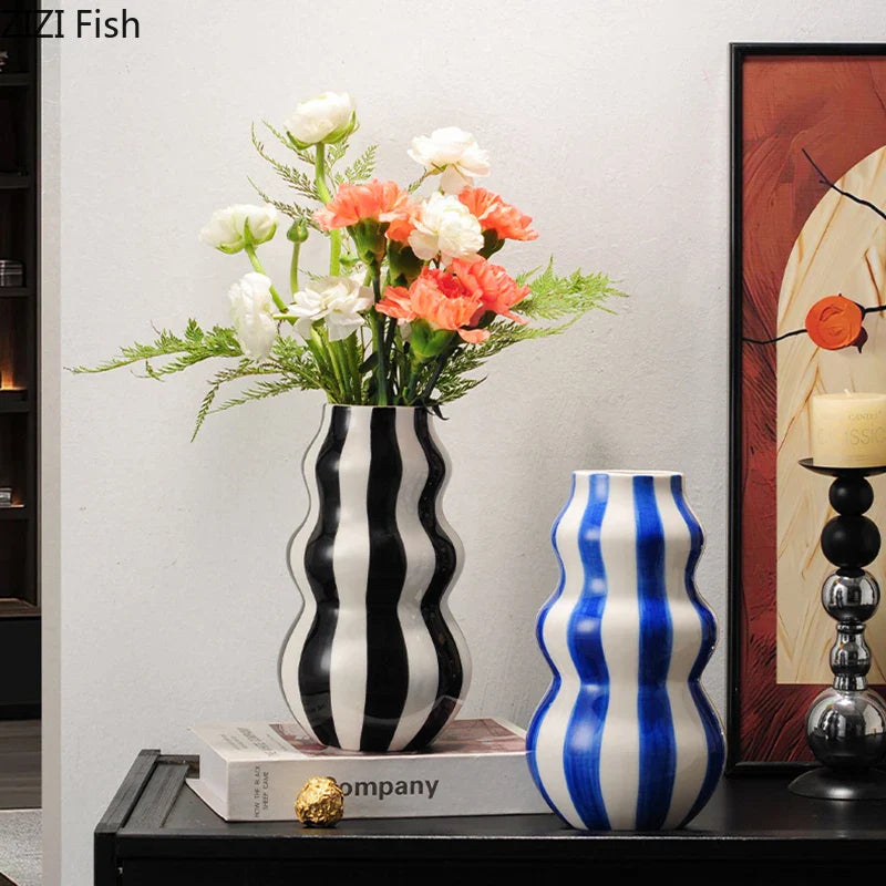 Afralia™ Striped Ceramic Vase for Table Decoration and Flower Arrangement