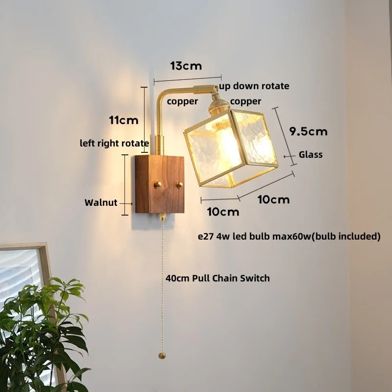 Afralia™ Wood Cube Glass LED Wall Lights with Pull Chain Switch for Modern Interiors