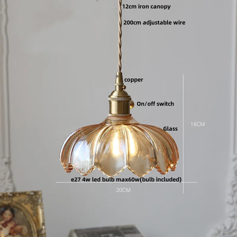 Afralia™ Amber Flower Glass LED Pendant Light - Modern Nordic Copper Switch Hang Lamp