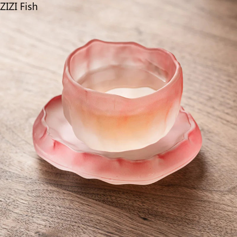 Afralia™ Pink Glass Tea Cups with Saucer Set for Afternoon Tea or Coffee