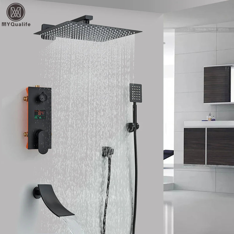 Afralia™ Matte Black Digital Rainfall Shower Faucet Set with All Metal Finish