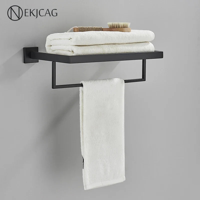 Afralia™ Black Bathroom Set: Towel Holder, Paper Holder, Gold Rod, Robe Hook - Stainless Steel Accessories