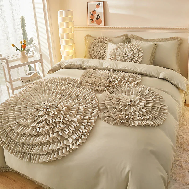 Afralia™ Brushed Cotton Flower Embroidery Bedding Set with Stereoscopic Handwork