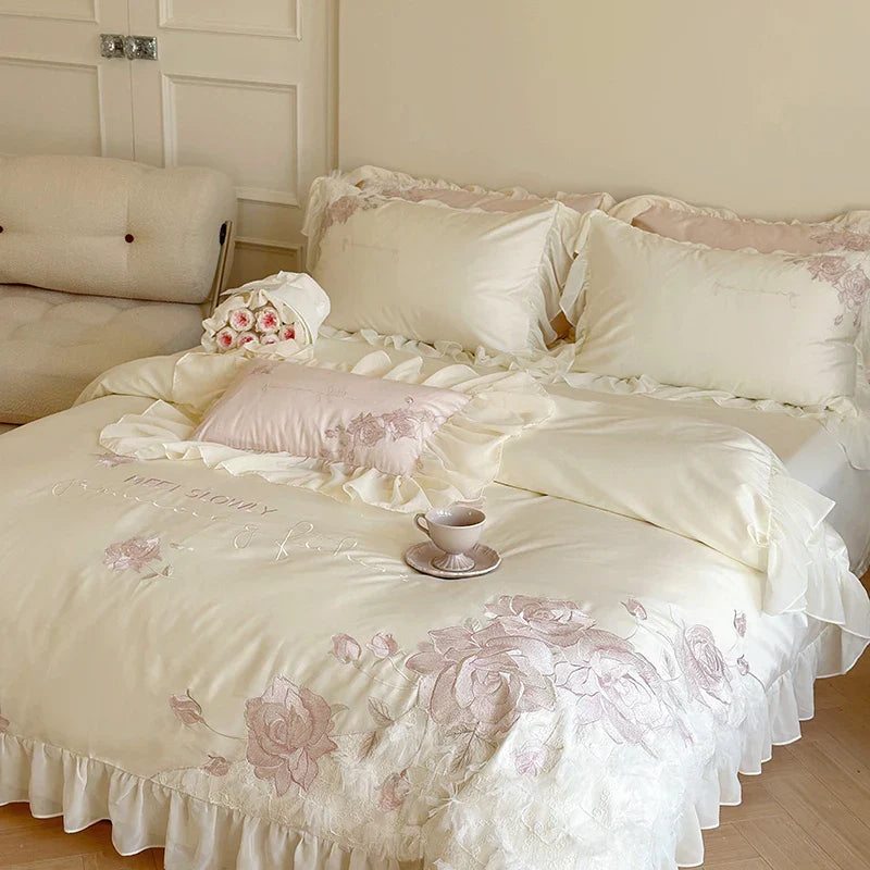 Afralia™ Luxury Princess Wedding Bedding Set with Flowers Embroidery & Lace Ruffles