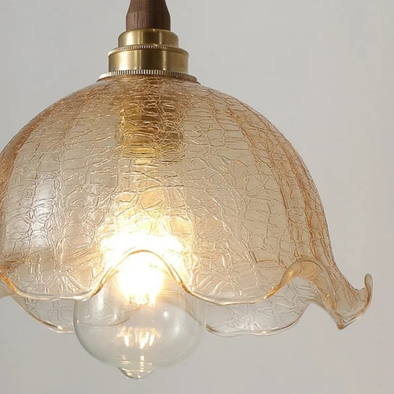 Afralia™ Amber Glass LED Pendant Lamp, Copper Walnut Hanging Light Fixture for Home Decor