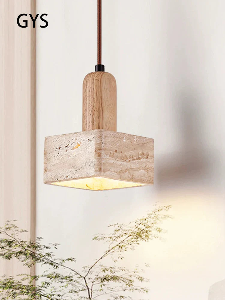 Afralia™ Square Stone Chandelier Pendant Lamp for Bedroom, Cream Solid Wood Retro Light