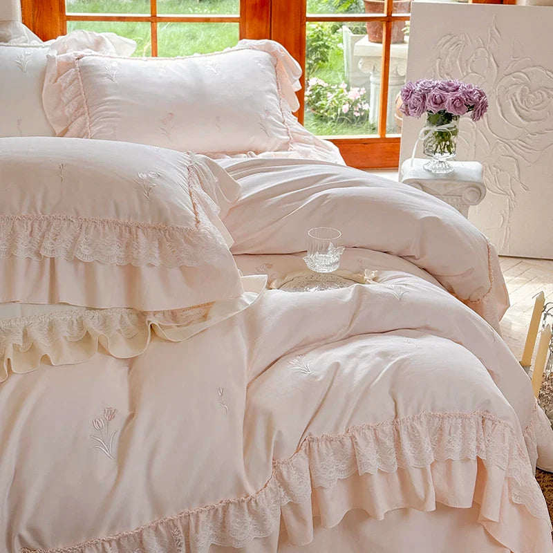 Afralia™ Pink Princess Lace Flowers 1200TC Egyptian Cotton Bedding Set