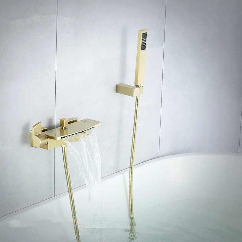 Afralia™ Brushed Gold Tub Shower Faucet Set with Waterfall Handheld Mixer