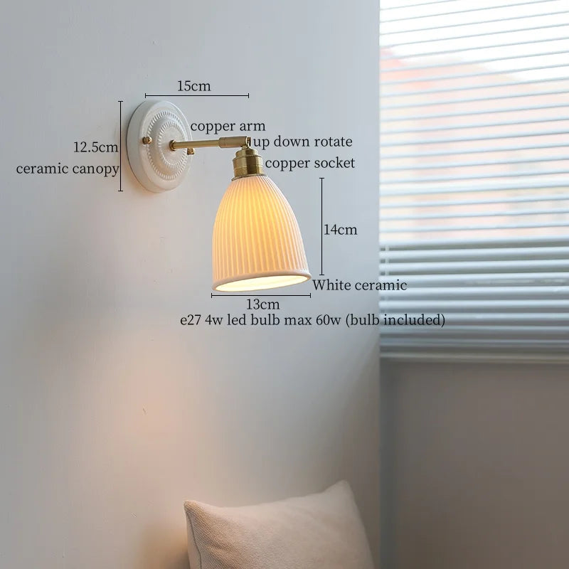 Afralia™ Pleats Ceramic LED Sconce Lamp with Adjustable Copper Arm for Bedroom Bathroom Mirror