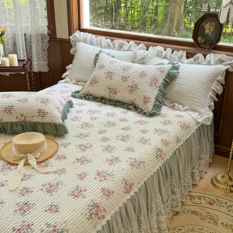 Afralia™ Lace Ruffles Bed Skirt Set with Pillowcases for 1.2-2M Beds