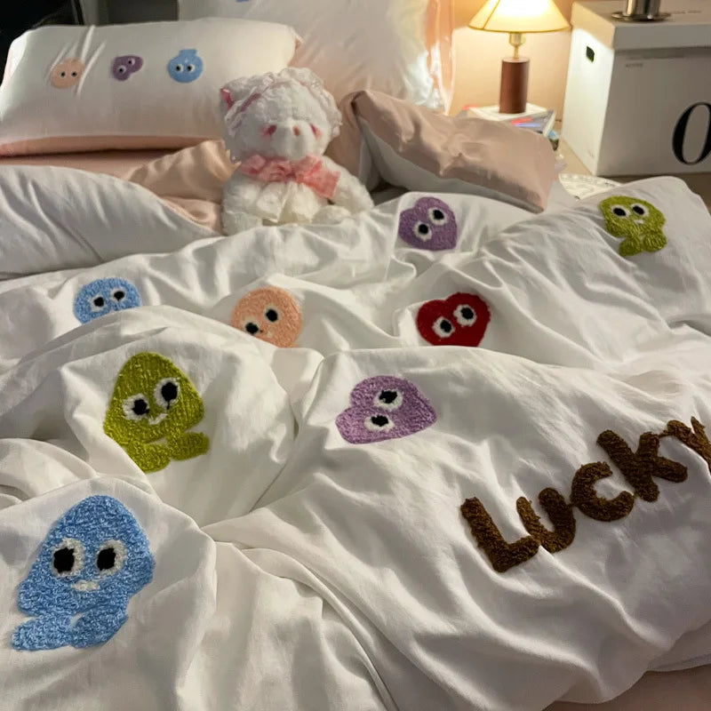 Afralia™ Cotton Cartoon Towel Embroidery Bedding Set: Quilt Cover, Bed Sheet, Pillowcases