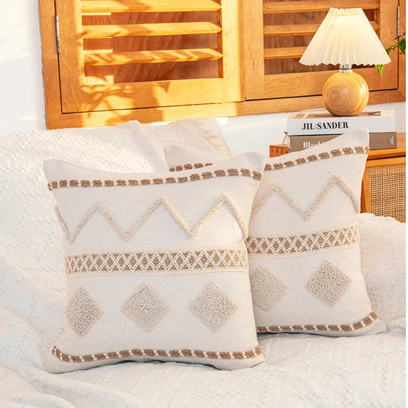 Afralia™ Geometric Tufted Cushion Cover with Handmade Tassels & Patchwork