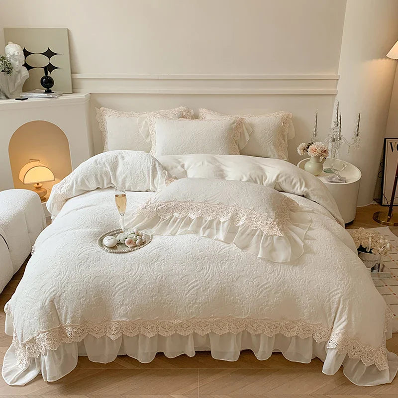 Afralia™ Luxe Velvet Lace Ruffle Duvet Set with Plush Pillowcases, Winter Bedding Collection