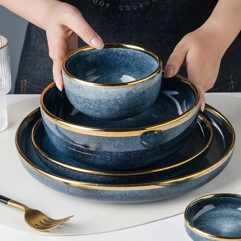 Afralia™ Blue Gradient Ceramic Plate Set - Elegant Dinner & Dessert Plates, Salad Soup Bowl - Luxury Tableware