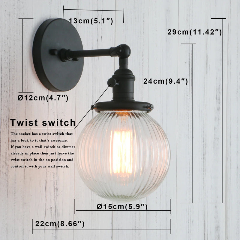 Afralia™ Mini Globe Ribbed Glass Wall Sconce - Vintage Industrial Lighting Fixtures