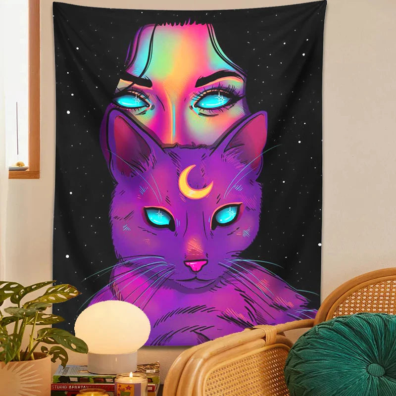 Psychedelic Cat Tapestry Wall Hanging for Bohemian Home Decor by Afralia™