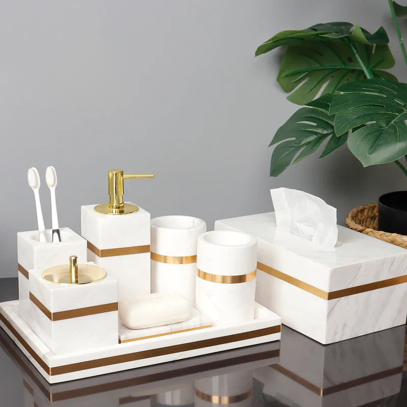 Afralia™ Volakos White Marble Bathroom Set with Golden Accents