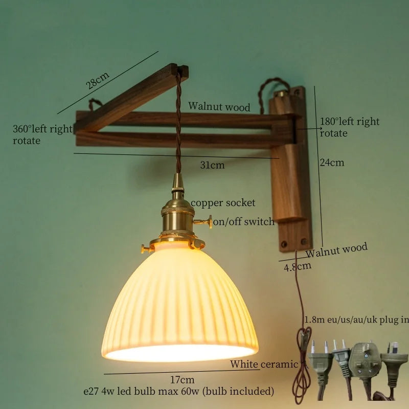Afralia™ Ceramic LED Wall Sconce Walnut Wood Copper Pull Chain Switch Light