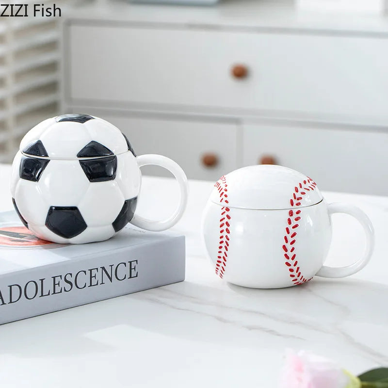 Afralia™ Baseball Shape Ceramic Mug with Lid - Coffee, Tea, Juice Cup