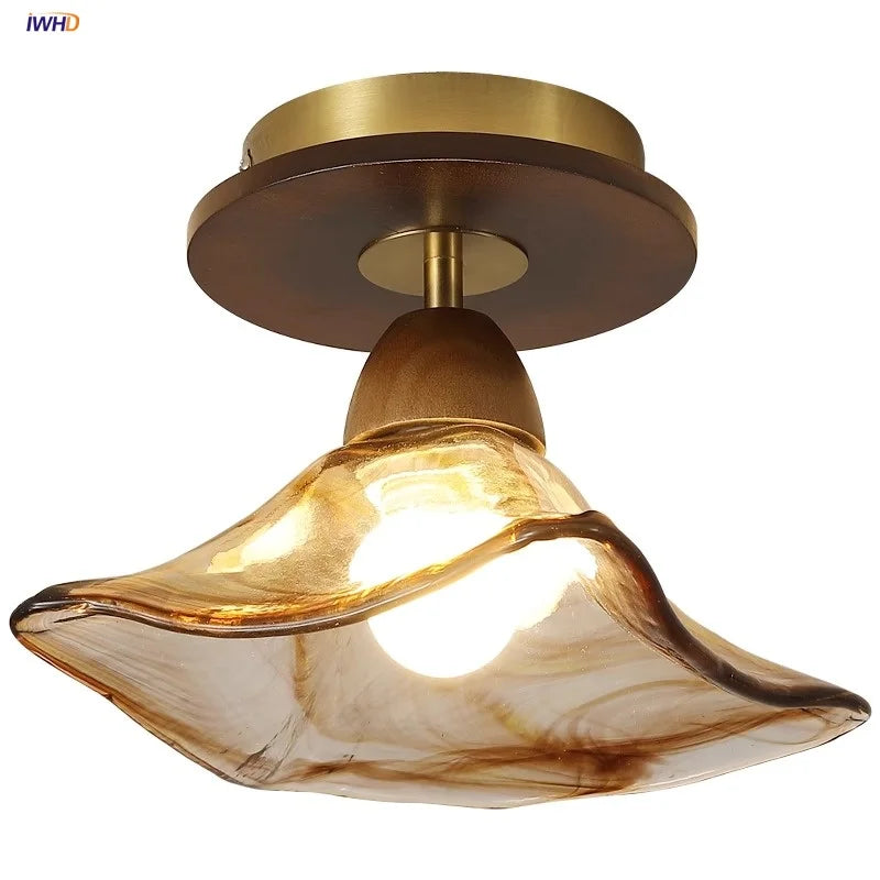 Afralia™ Amber Glass LED Ceiling Light - Japan Style Vintage Wood Luminaires