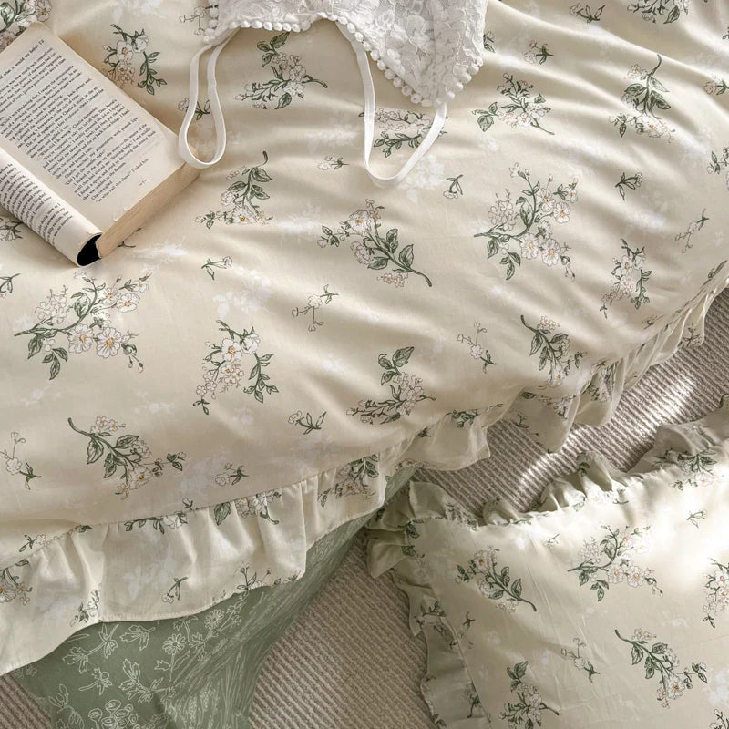 Afralia™ Floral Lace Ruffle Bedding Set, Fresh Flower Single Duvet Cover, 100% Cotton