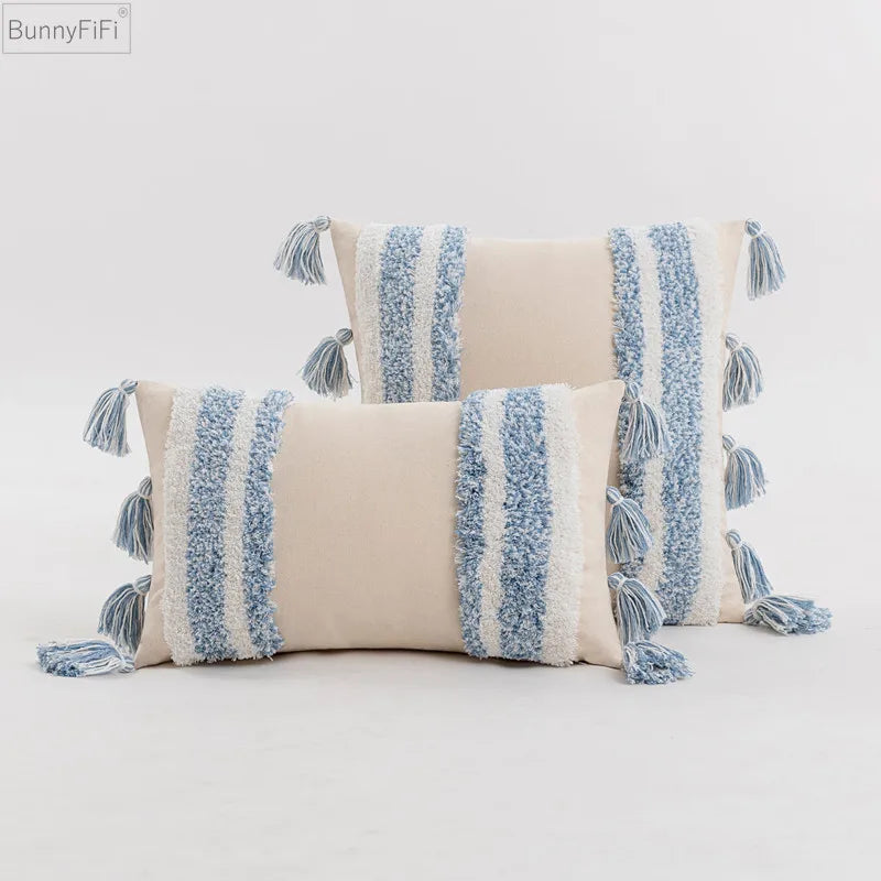 Afralia™ Blue Grey Stripe Tufted Cushion Cover 45x45cm/30x50cm for Home Decoration