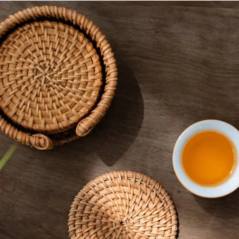 Afralia™ Woven Rattan Drink Coasters Set, 6Pcs, Tableware Placemat for Tea, Pot, Bowl