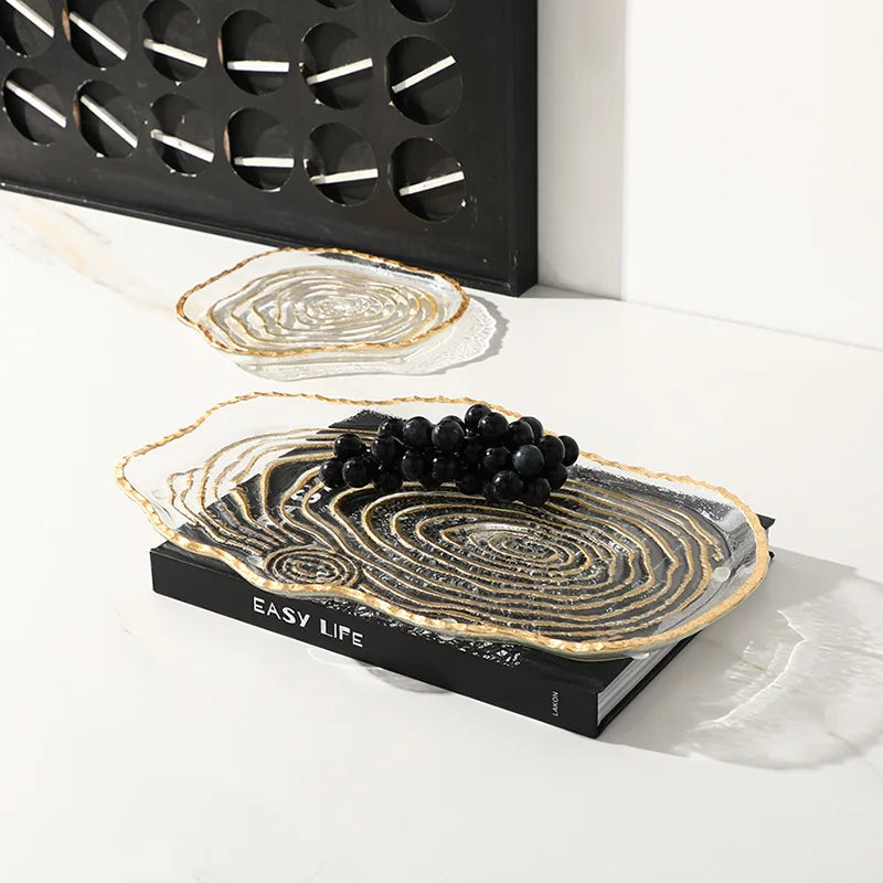Afralia™ Gold Foil Glass Tray Geometric Fruit Plate Home Decor Accessory