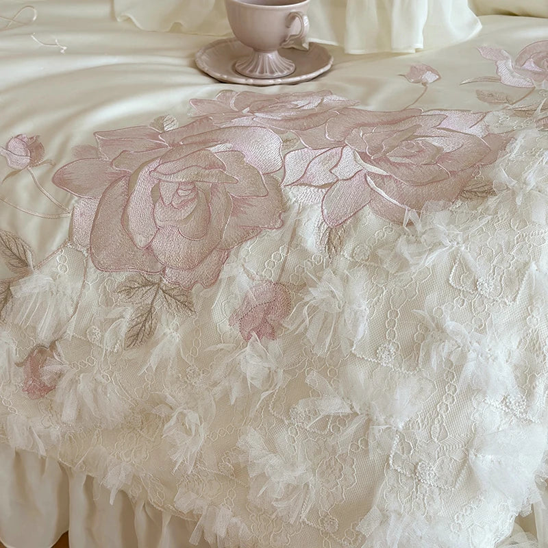 Afralia™ Luxury Princess Wedding Bedding Set with Flowers Embroidery & Lace Ruffles