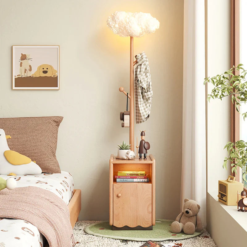 Afralia™ Solid Wood Bedside Cabinet with Integrated Clothes Rack and Lights