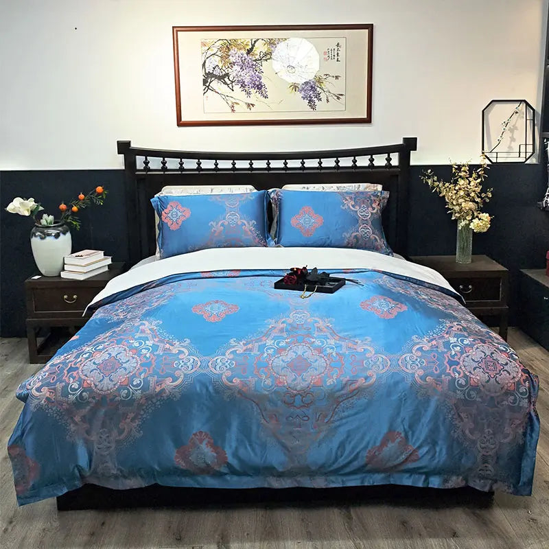 Afralia™ Blue Satin Jacquard Queen Duvet Cover Set with Sheet & Pillowcases