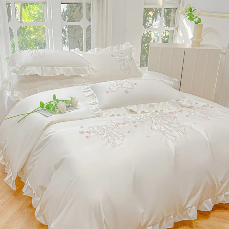 Afralia™ Ice Silk Embroidered Ruffles Duvet Set with Cool & Skin-Friendly Feel