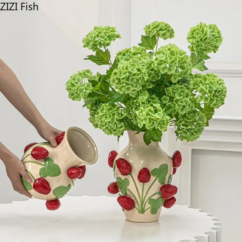 Afralia™ Strawberry Relief Ceramic Vase for Chic Room Aesthetic Flower Arrangement