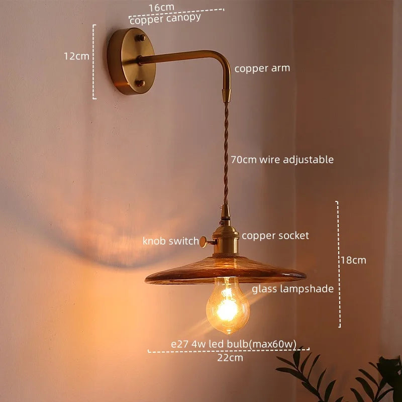 Afralia™ Japanese Style LED Wall Lamps Living Room Coffee Balcony Stair Light Copper Glass