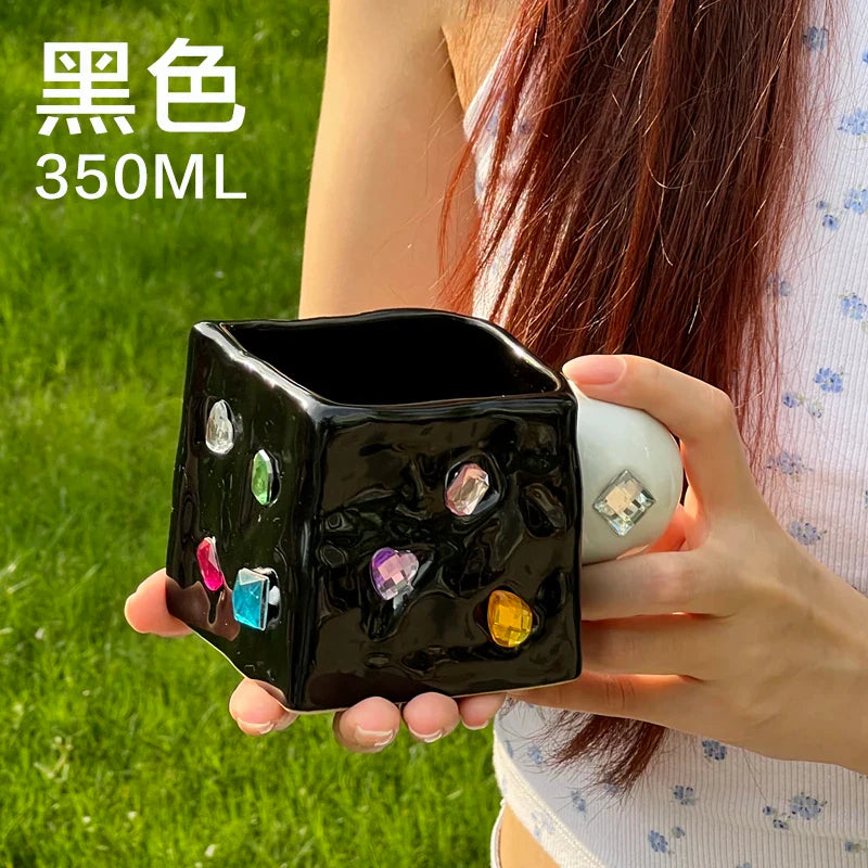 Afralia™ Diamond Ceramic Square Americana Coffee Mug Set - Handcrafted Jewelry Inspired Drinkware