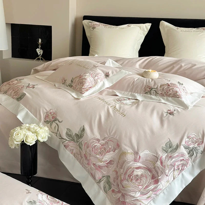 Afralia™ 4-Piece Pink Purple Flowers Embroidery Bedding Set in 1000TC Egyptian Cotton