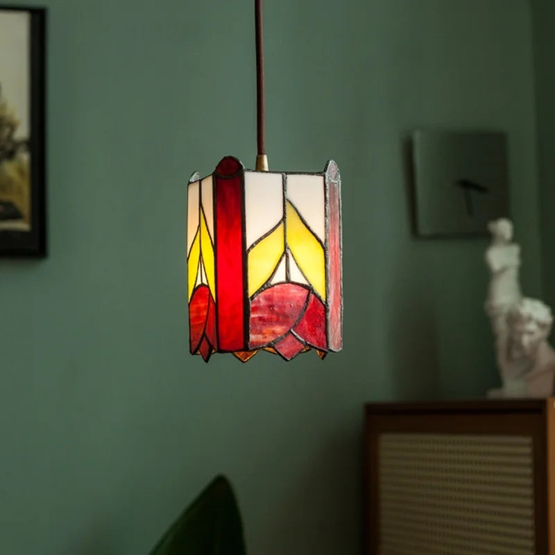 Afralia™ Tiffany Glass Pendant Light for Dining Room, LED Colorful Hanging Lampshade
